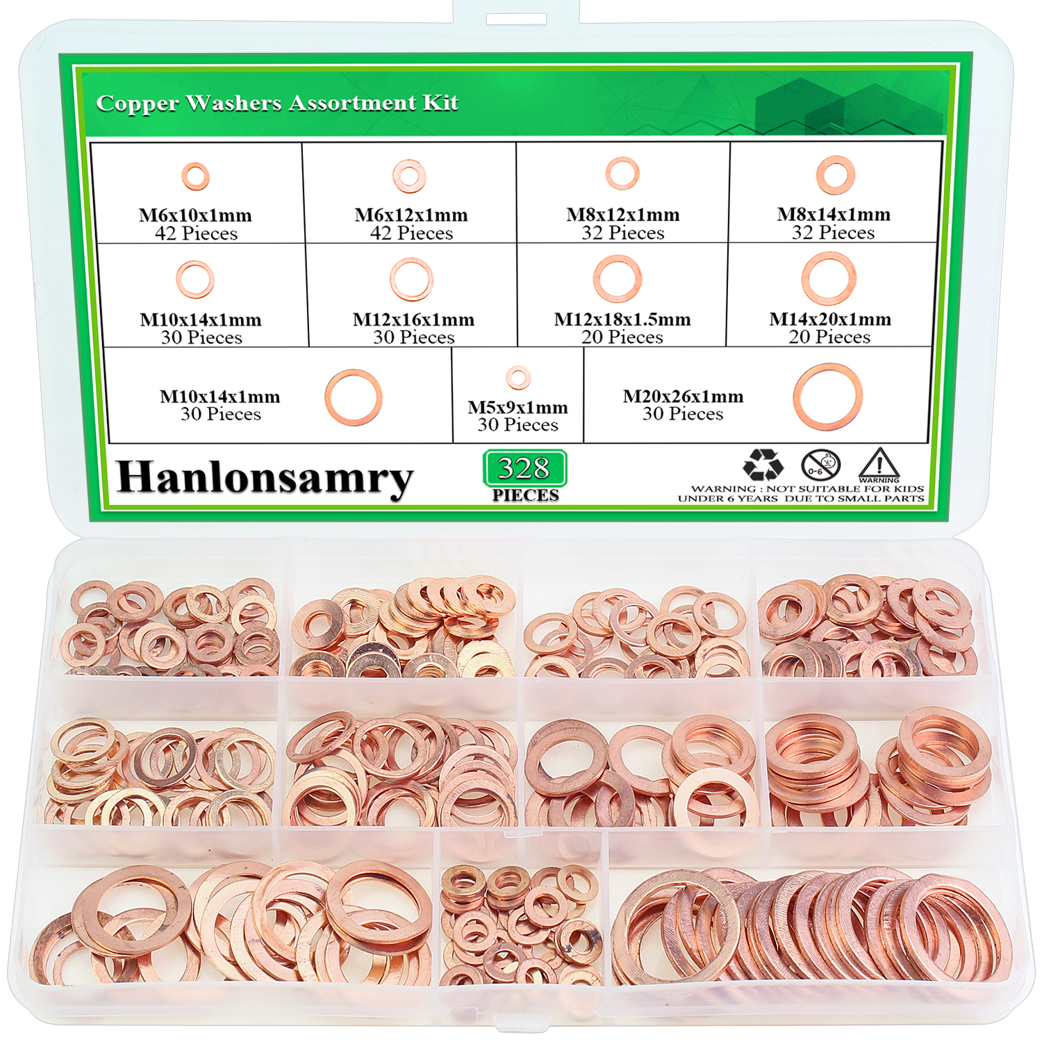Hanlonsamry 328 Pieces 11 Sizes Copper Washers, Flat Washers Assortment Kit (M5 M6 M8 M10 M12 M14 M16 M20)